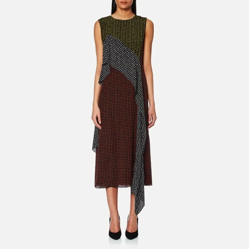 DIANE VON FURSTENBERG DVF DRESS SLEEVELESS SILK POLKA DOT MIDI RUFFLE 2 NO SLIT